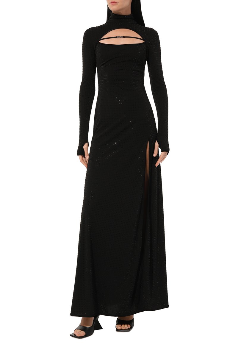 Женское платье с отделкой стразами VERSACE JEANS COUTURE черного цвета, арт. 77HA0902/J0124 | Фото 3 (Материал внешний: Синтетический материал; Рукава: Длинные; Длина Ж (юбки, платья, шорты): Макси; Женское Кросс-КТ: Платье-одежда; Случай: Вечерний; Стили: Гламурный; Автоматизация ТО: Проставлено; Автоматизация состава: Проставлено)