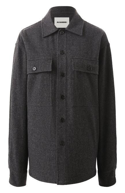 Женская шерстяная рубашка JIL SANDER темно-серого цвета, арт. J40DL0124-J40182 | Фото 1 (Материал внешний: Шерсть; Материал сплава: Проставлено; Рукава: Длинные; Длина (для топов): Удлиненные; Драгоценные камни: Проставлено)