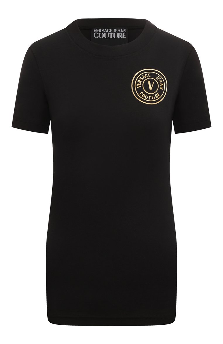Женская хлопковая футболка VERSACE JEANS COUTURE черного цвета, арт. 76HAHT02/CJ03T | Фото 1 (Рукава: Короткие; Материал внешний: Хлопок; Длина (для топов): Стандартные; Принт: С принтом; Стили: Кэжуэл; Автоматизация ТО: Проставлено; Автоматизация состава: Проставлено)