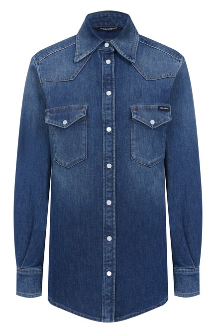 Женская джинсовая рубашка DOLCE & GABBANA синего цвета, арт. F5T34D/G8MS1 | Фото 1 (Рукава: Длинные; Длина (для топов): Удлиненные; Материал внешний: Хлопок; Драгоценные камни: Проставлено; Материал сплава: Проставлено)