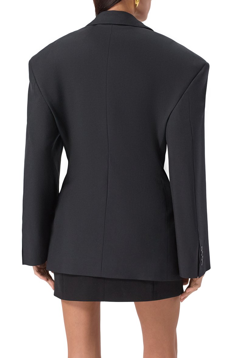 Женский жакет BALENCIAGA черного цвета, арт. 814409/TKT28 | Фото 4 (Рукава: Длинные; Стили: Гранж; Материал внешний: Шерсть, Синтетический материал; 1-2-бортные: Однобортные; Длина (для топов): Удлиненные; Женское Кросс-КТ: Жакет-одежда; Автоматизация состава: Проставлено; Автоматизация ТО: Проставлено; Материал подклада: Купро)