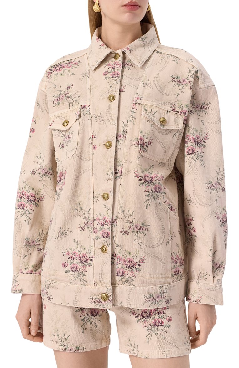 Женская джинсовая куртка THE KOOPLES кремового цвета, арт. FBL030005K | Фото 3 (Автоматизация состава: Проставлено; Материал внешний: Хлопок, Деним; Автоматизация ТО: Проставлено; Длина (верхняя одежда): Короткие; Рукава: Длинные; Кросс-КТ: Куртка, Легкие, Деним; Стили: Кэжуэл)