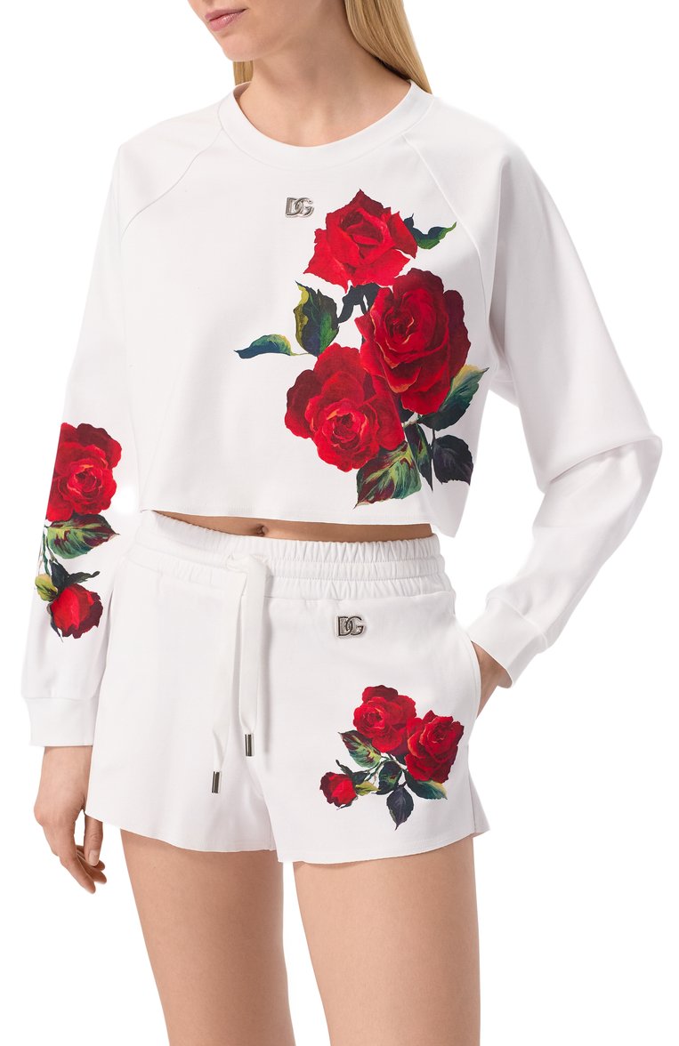Женский хлопковый свитшот DOLCE & GABBANA белого цвета, арт. F9N61T/GDCZZ | Фото 3 (Рукава: Длинные; Материал внешний: Хлопок; Длина (для топов): Укороченные; Женское Кросс-КТ: Свитшот-одежда; Стили: Кэжуэл; Автоматизация состава: Проставлено; Автоматизация ТО: Проставлено; Размерность: Идёт в размер; Re-sync: On)
