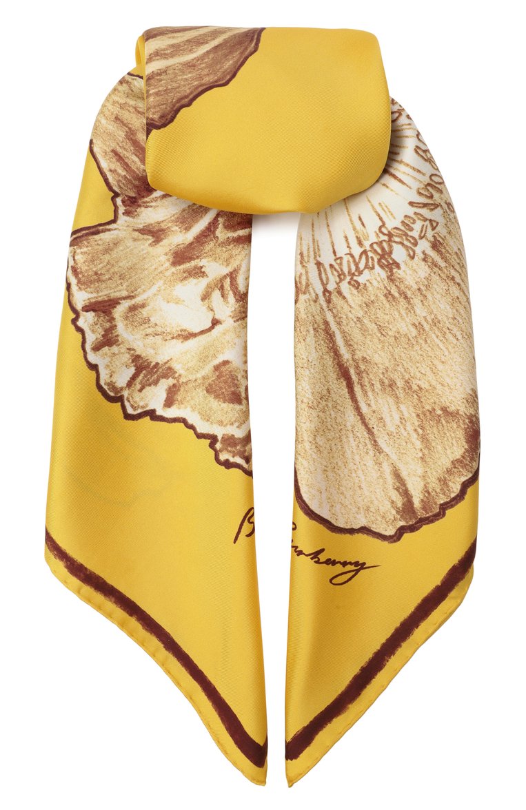 Женский шелковый платок BURBERRY желтого цвета, арт. 8108329 | Фото 1 (Материал: Текстиль, Шелк; Нос: Не проставлено; Принт: С принтом; Автоматизация состава: Проставлено)